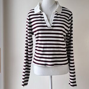 No Boundaries Cropped Polo Shirt XXL Purple Ivory Stripe Preppy Casual Stretch